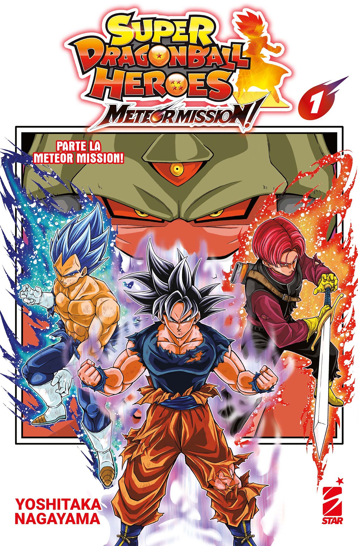 La copertina di Super Dragon Ball Heroes Meteor Mission! Vol. 1, con Goku (Ultra Istinto), Vegeta (Super Saiyan Blue Evolution) e Trunks Xeno pronti a combattere, sovrastati dal volto minaccioso del demone Ozotto.