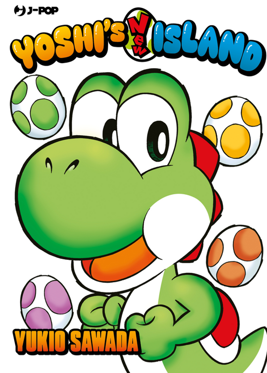 Copertina del manga Yoshi's New Island edito da J-POP. Un sorridente Yoshi verde è circondato da uova a macchie colorate su sfondo bianco, con il nome dell'autore Yukio Sawada in basso.