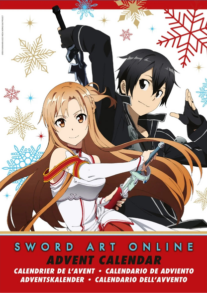 Calendario dell'Avvento 2025 di Sword Art Online (SAO) con illustrazioni di Kirito, Asuna e gli oggetti da collezione che contiene (spillette, standee).