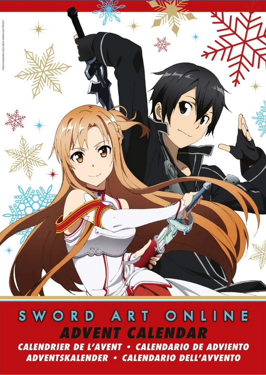 Calendario dell'Avvento 2025 di Sword Art Online (SAO) con illustrazioni di Kirito, Asuna e gli oggetti da collezione che contiene (spillette, standee).