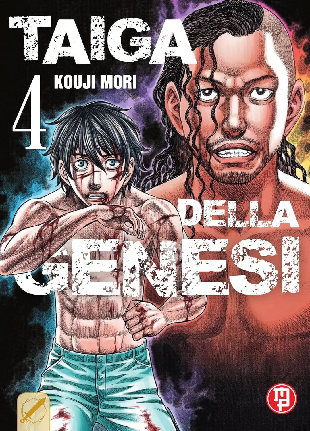 Copertina del manga Taiga della Genesi volume 4 edito da Magic Press; l'illustrazione mostra in primo piano il protagonista Taiga a torso nudo, sudato e ferito, mentre sullo sfondo incombe il volto intenso e minaccioso di un guerriero primitivo con i capelli intrecciati.
