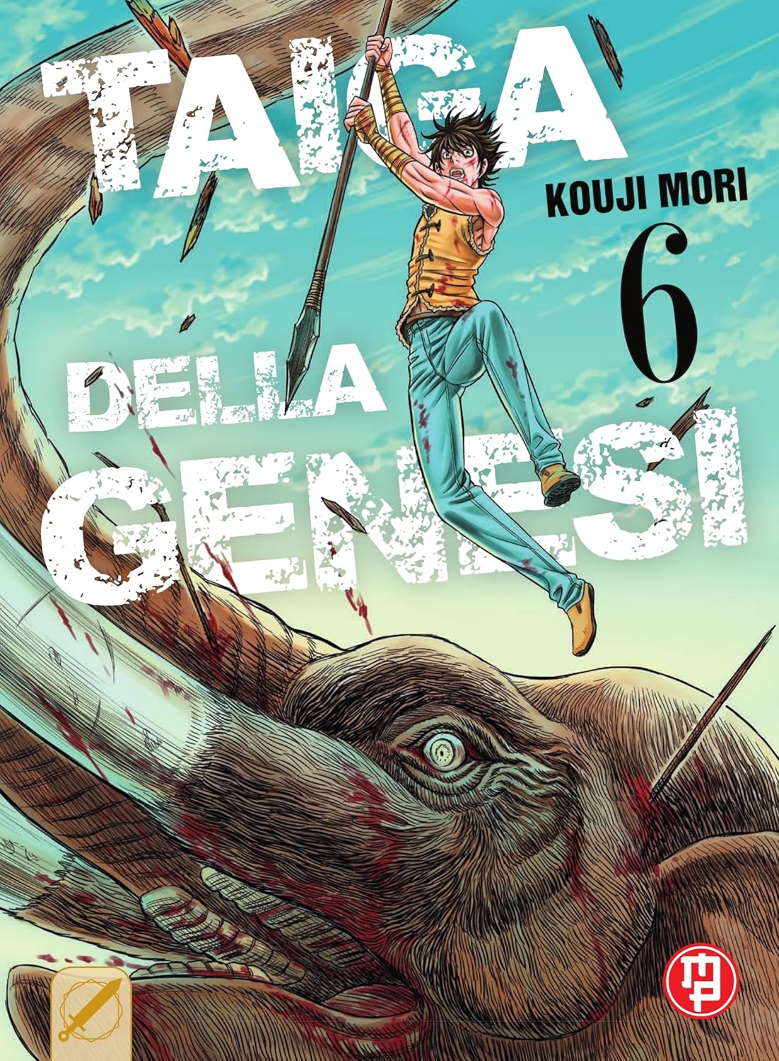 Copertina del manga Taiga della Genesi volume 6. Taiga salta con una lancia in mano sopra la testa di un mammut ferito durante un combattimento preistorico.