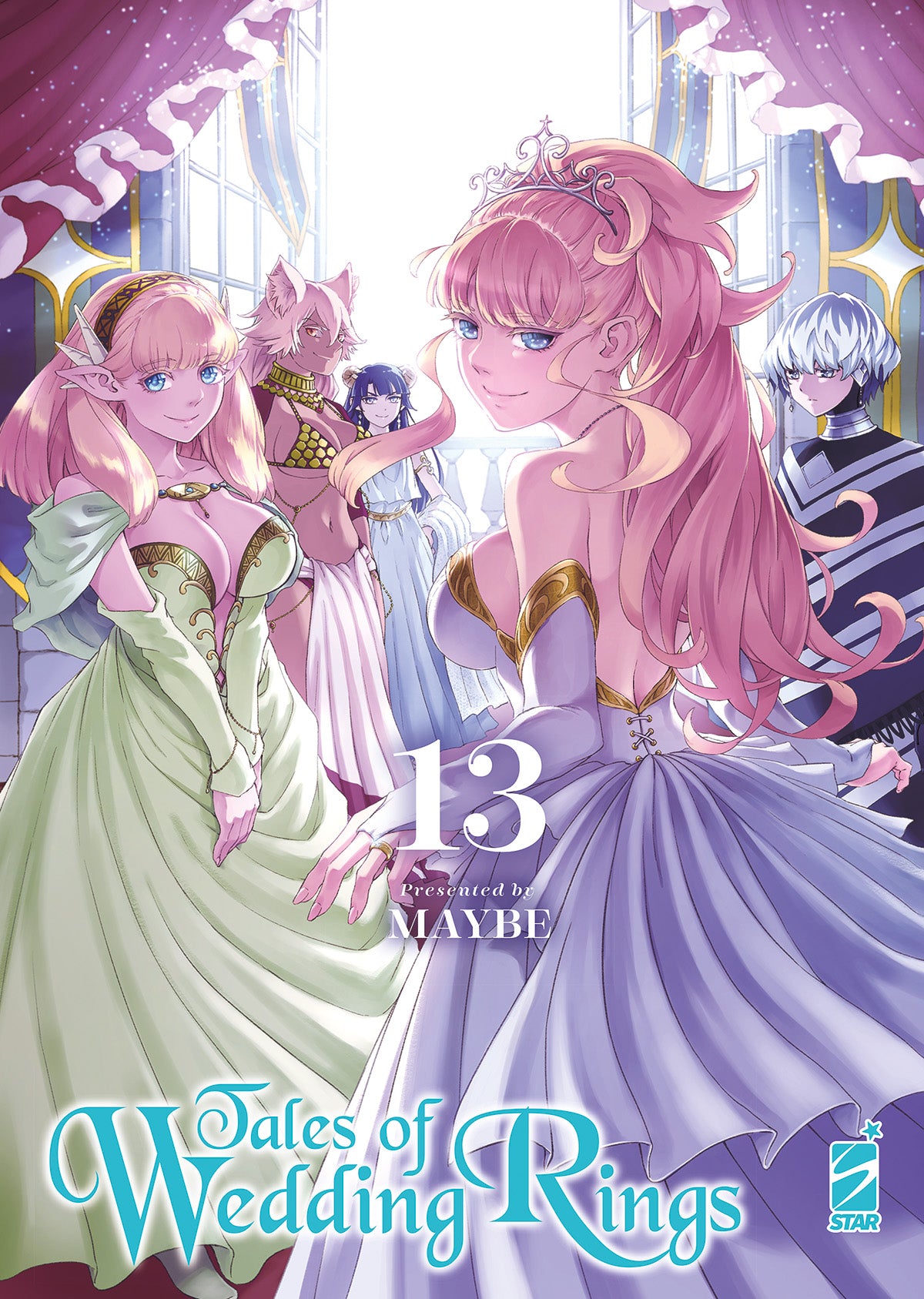 Copertina del tredicesimo volume del manga 'Tales of Wedding Rings' del duo MAYBE, edito da Star Comics. L'illustrazione ritrae in primo piano le principesse protagoniste in eleganti abiti da sposa, con Hime e Nephritis in evidenza e Sato sullo sfondo a destra, sormontati dal titolo in azzurro e dal numero 13 al centro.