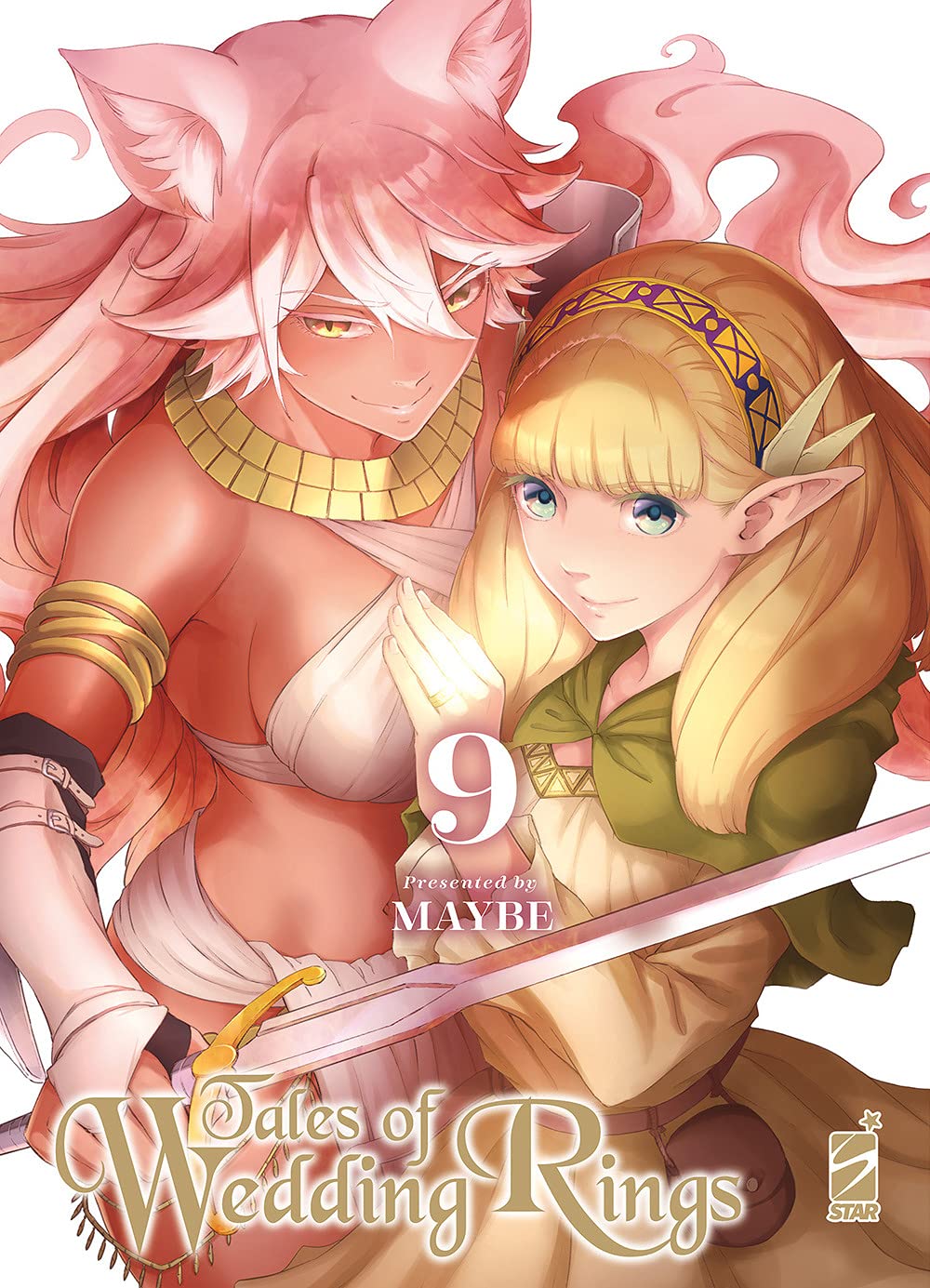 Copertina del nono volume del manga 'Tales of Wedding Rings' di MAYBE, edito da Star Comics. L'illustrazione ritrae la guerriera felina Amber dai capelli rosa e pelle dorata affiancata dalla bionda Hime mentre impugna una spada e mostra un anello brillante al dito, sormontate dal numero 9 in bianco e dal titolo in oro.