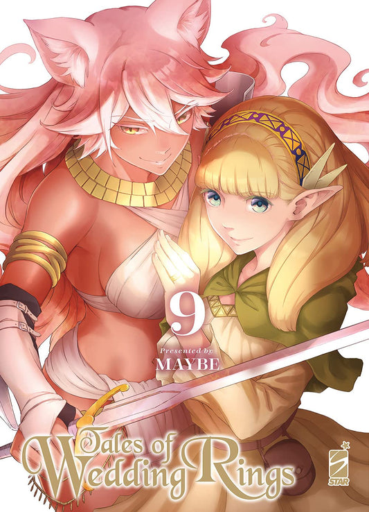 Copertina del nono volume del manga 'Tales of Wedding Rings' di MAYBE, edito da Star Comics. L'illustrazione ritrae la guerriera felina Amber dai capelli rosa e pelle dorata affiancata dalla bionda Hime mentre impugna una spada e mostra un anello brillante al dito, sormontate dal numero 9 in bianco e dal titolo in oro.