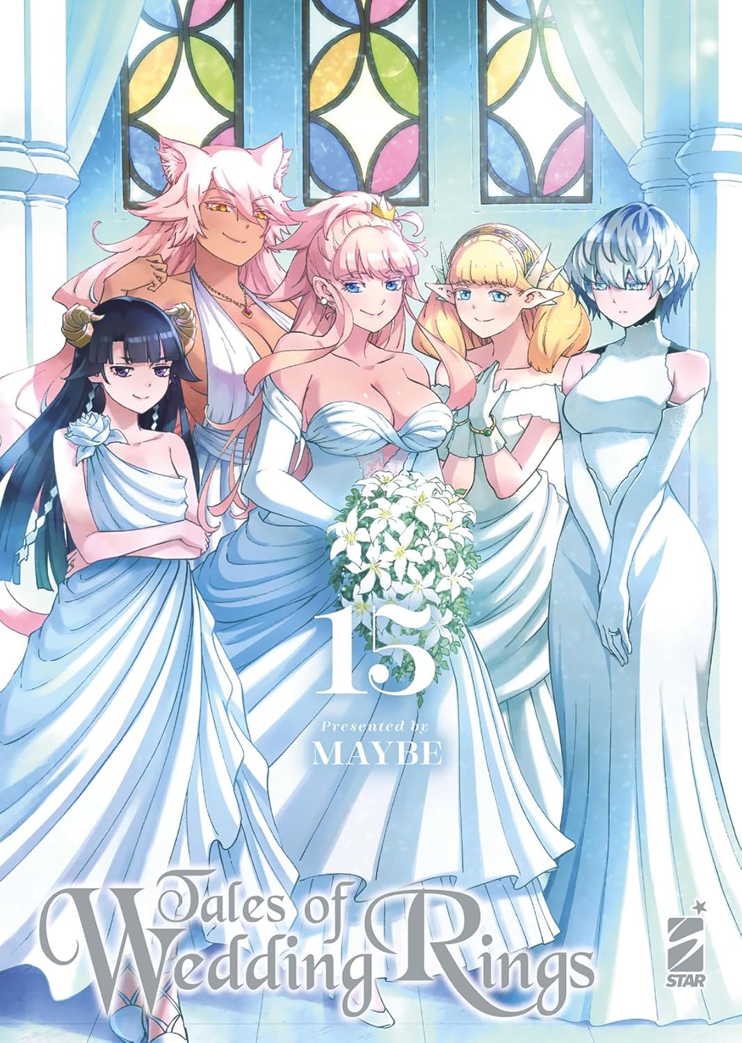 Copertina del manga Tales of Wedding Rings volume 15. L'illustrazione mostra cinque bellissime ragazze sorridenti, alcune con tratti fantastici come orecchie da elfo, corna e orecchie feline, tutte vestite con eleganti abiti da sposa bianchi. La ragazza al centro regge un rigoglioso bouquet di fiori bianchi. Sullo sfondo si ergono luminose vetrate in stile cattedrale.