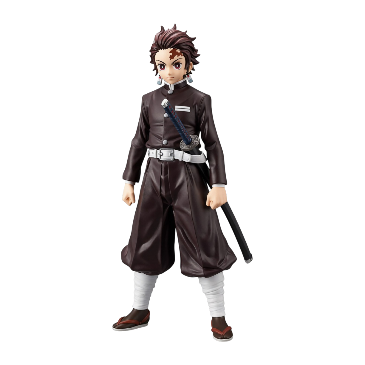 Figure da collezione in PVC di Tanjiro Kamado dalla serie anime 'Demon Slayer: Kimetsu no Yaiba', prodotta da Banpresto. La statuetta ritrae il cacciatore di demoni in piedi in posa fiera con la divisa marrone scuro della Squadra Ammazzademoni, cintura e fasce per le gambe bianche, la spada Nichirin riposta nel fodero al fianco sinistro, la cicatrice sulla fronte e gli orecchini hanafuda.