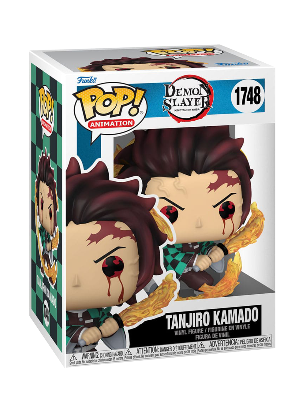 Il Funko POP! Animation numero 1748 di Tanjiro Kamado (Demon Slayer) in posa di combattimento, mentre esegue il Respiro del Sole con effetti di fuoco traslucidi sulla spada e intorno ai piedi, e con dettagli di sangue che scendono dagli occhi.