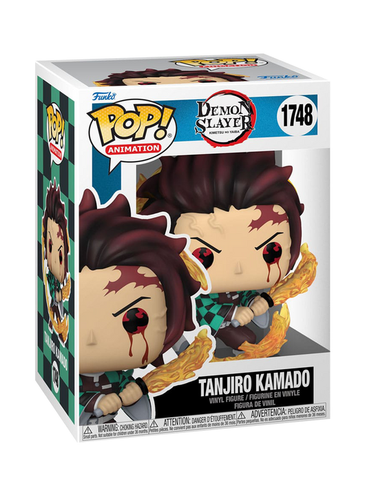 Il Funko POP! Animation numero 1748 di Tanjiro Kamado (Demon Slayer) in posa di combattimento, mentre esegue il Respiro del Sole con effetti di fuoco traslucidi sulla spada e intorno ai piedi, e con dettagli di sangue che scendono dagli occhi.