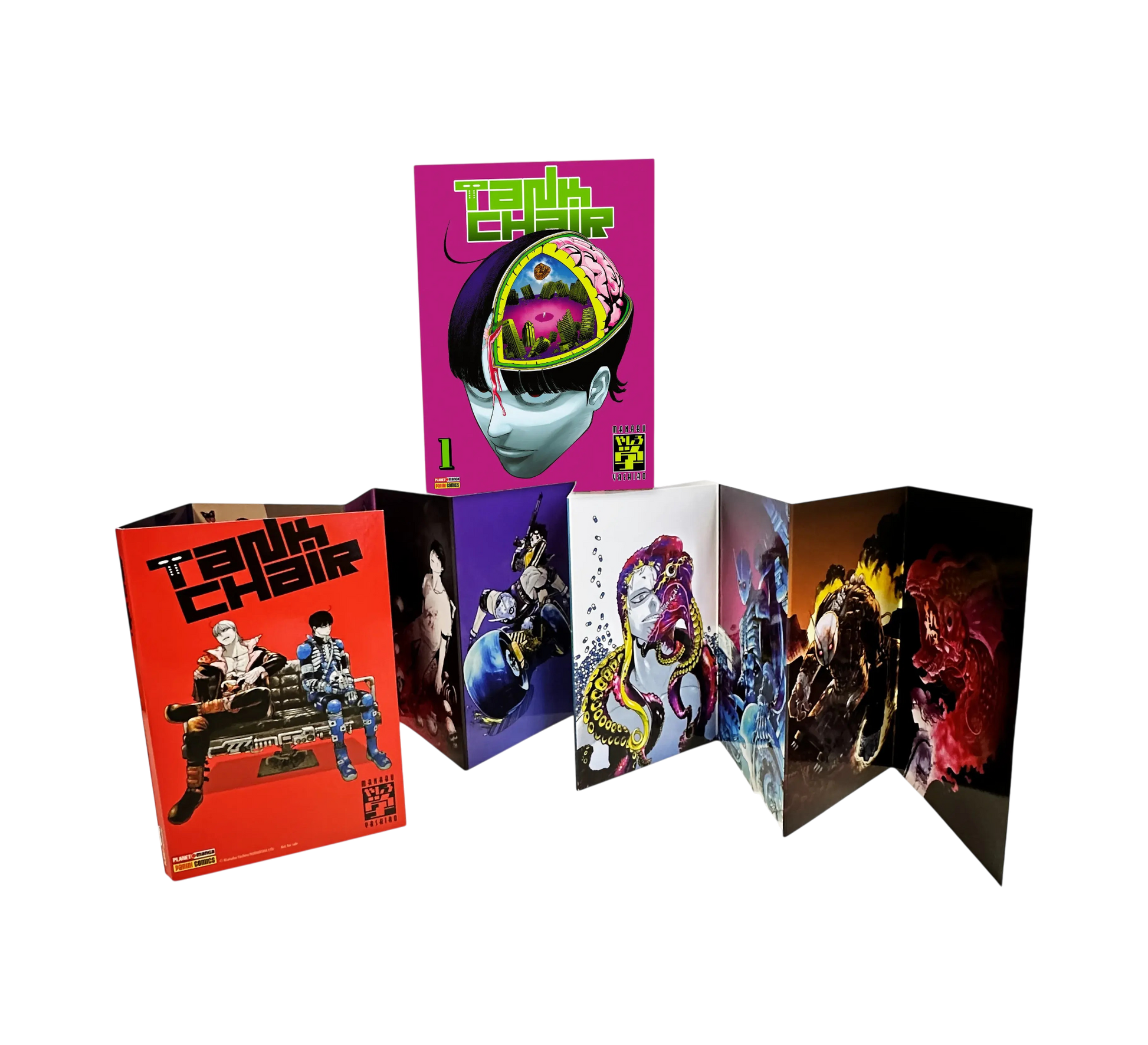Composizione del Rewind Bundle del manga Tank Chair volume 1. Al centro spicca il fumetto con una copertina variant magenta che ritrae un volto con la scatola cranica aperta su un paesaggio surreale. Attorno è spiegato un set di stampe e cartoline illustrate con vari personaggi e una custodia rossa con due ragazzi seduti.