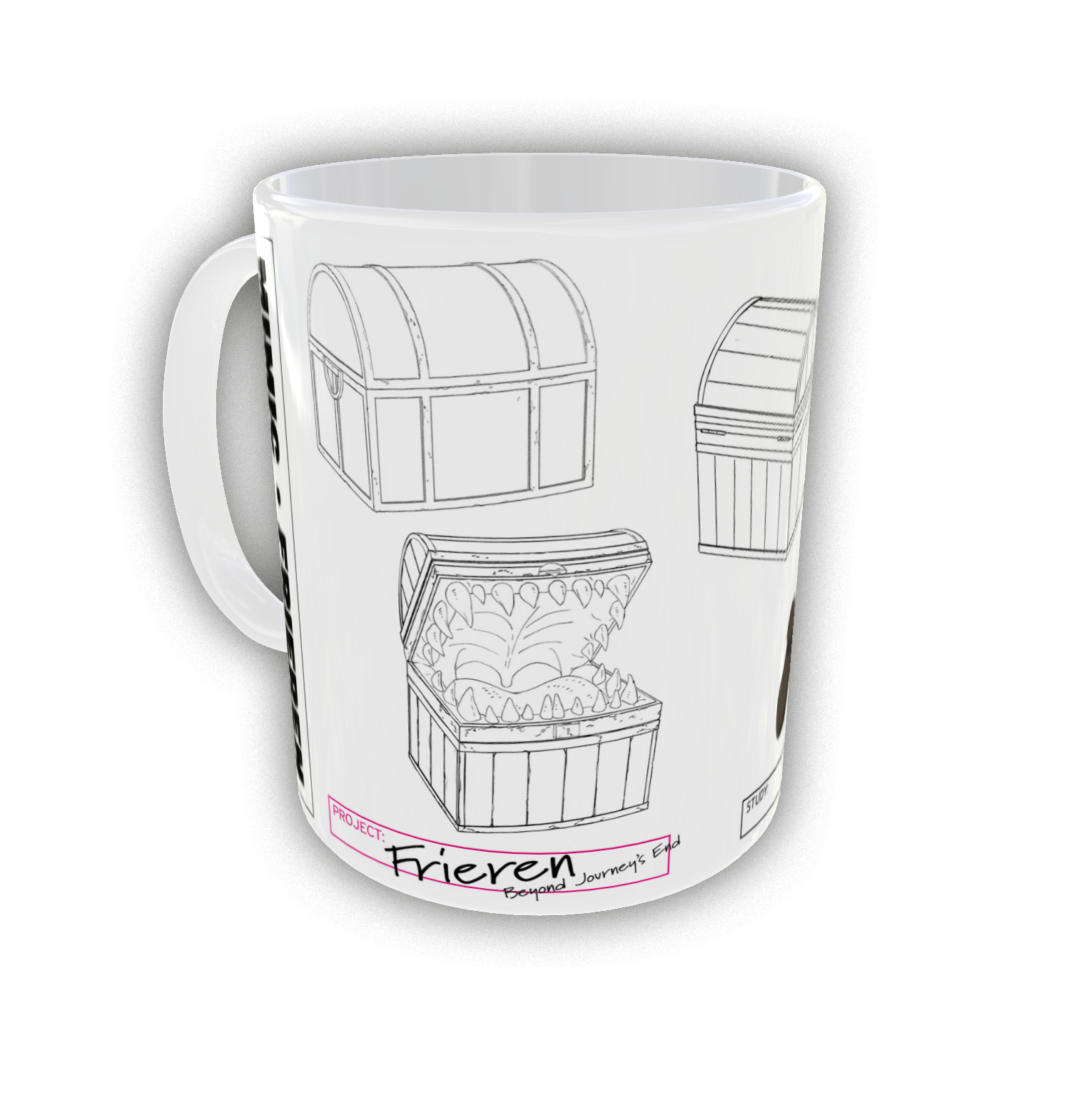 Tazza bianca in ceramica della linea J-Guzu; l'illustrazione mostra il personaggio Frieren con la parte superiore del corpo incastrata dentro un mostro forziere rosso (Mimic) e le gambe che spuntano fuori, sopra la scritta "MIMIC DESIGN".