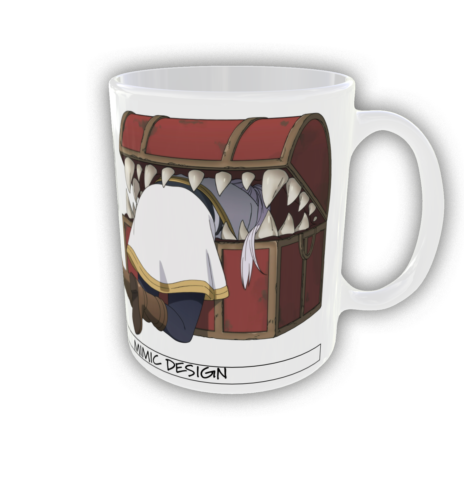 Tazza bianca in ceramica della linea J-Guzu; l'illustrazione mostra il personaggio Frieren con la parte superiore del corpo incastrata dentro un mostro forziere rosso (Mimic) e le gambe che spuntano fuori, sopra la scritta "MIMIC DESIGN".