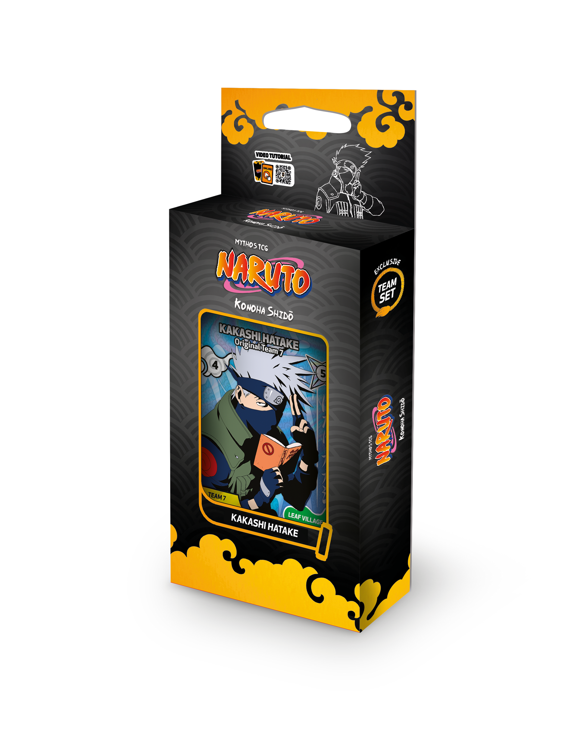 Confezione del Team Set Box dedicato a Kakashi per il gioco di carte collezionabili Naruto Mythos TCG Konoha Shido. La scatola, dal design nero con un motivo a onde e bordi inferiori gialli a forma di nuvola, mostra in primo piano la carta di Kakashi Hatake ritratto mentre legge il suo celebre libro arancione.