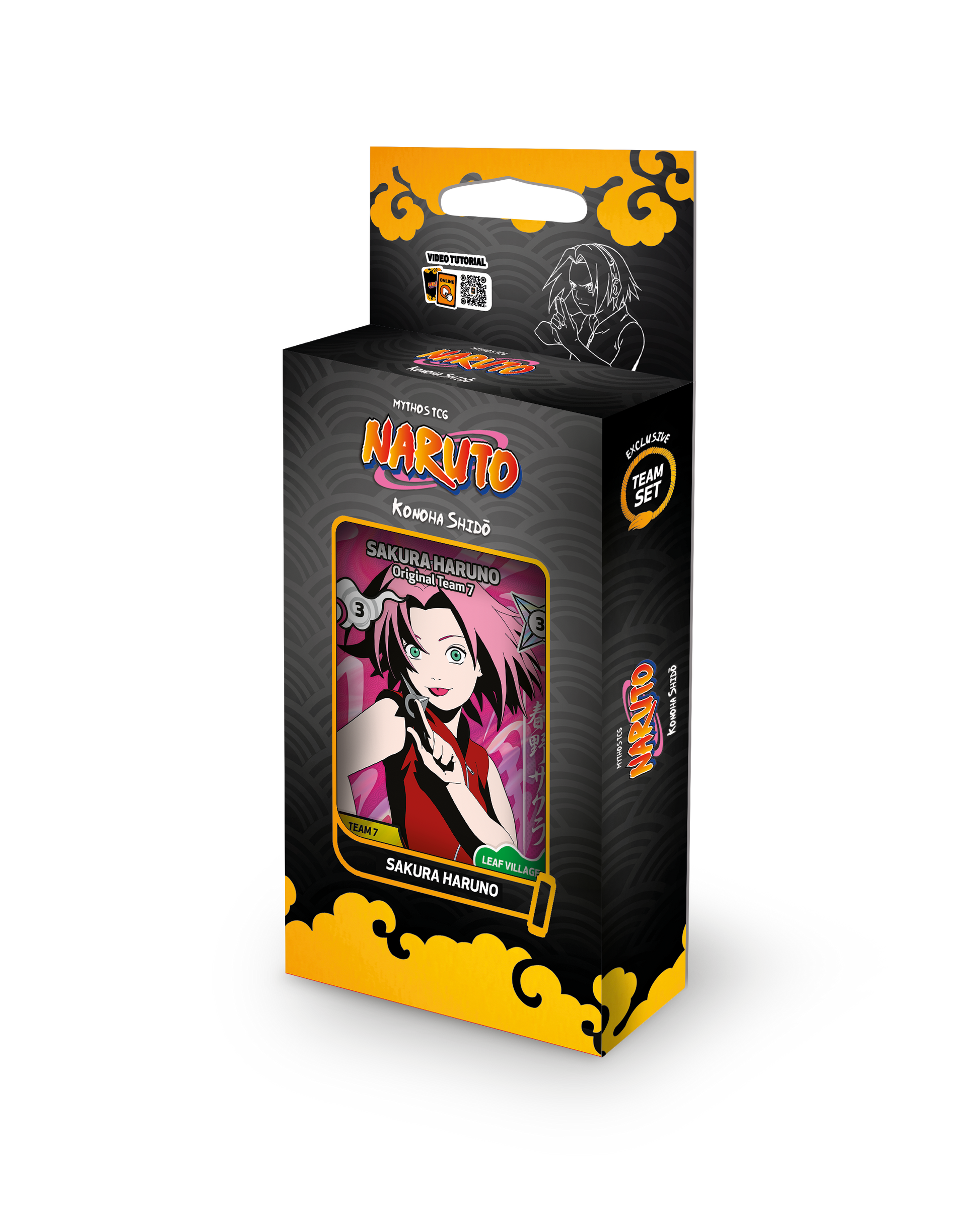 Confezione del Team Set Box dedicato a Sakura per il gioco di carte collezionabili Naruto Mythos TCG Konoha Shido. La scatola presenta un design nero con motivi a onde e bordi gialli a forma di nuvola. In primo piano è visibile la carta di Sakura Haruno, ritratta sorridente e con un kunai in mano su uno sfondo fucsia.