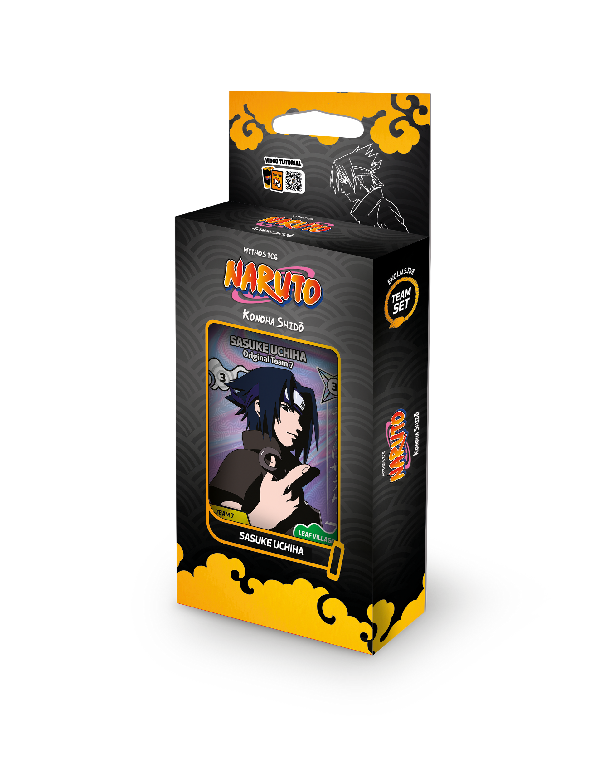 Confezione del Team Set Box dedicato a Sasuke per il gioco di carte collezionabili Naruto Mythos TCG Konoha Shido. La scatola, dal design nero con un motivo a onde e bordi gialli a forma di nuvola, mostra in primo piano la carta di Sasuke Uchiha ritratto di tre quarti mentre guarda oltre la propria spalla.