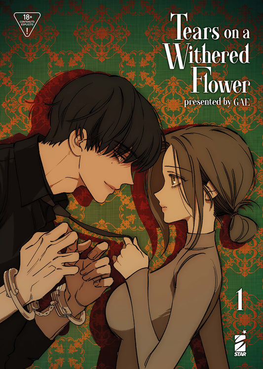 Copertina del manhwa Tears On a Withered Flower Vol. 1 di GAE edito da Star Comics con Haesu e Taeha vicini su sfondo decorato verde.   