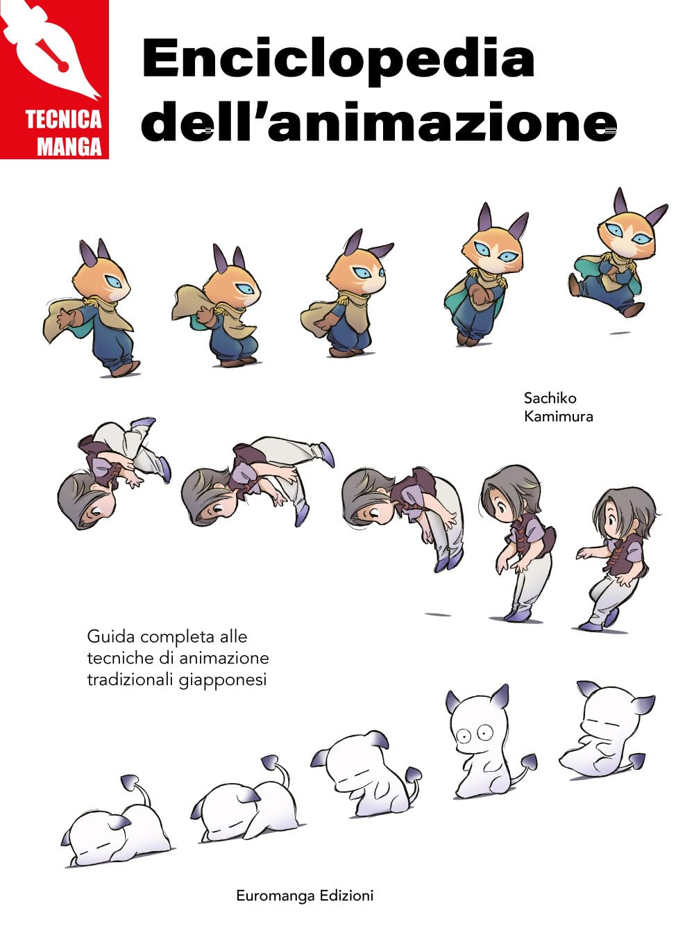 Copertina del libro Tecniche Manga Enciclopedia Dell'Animazione EuroManga, con illustrazioni e schemi su come disegnare e animare personaggi in stile giapponese.