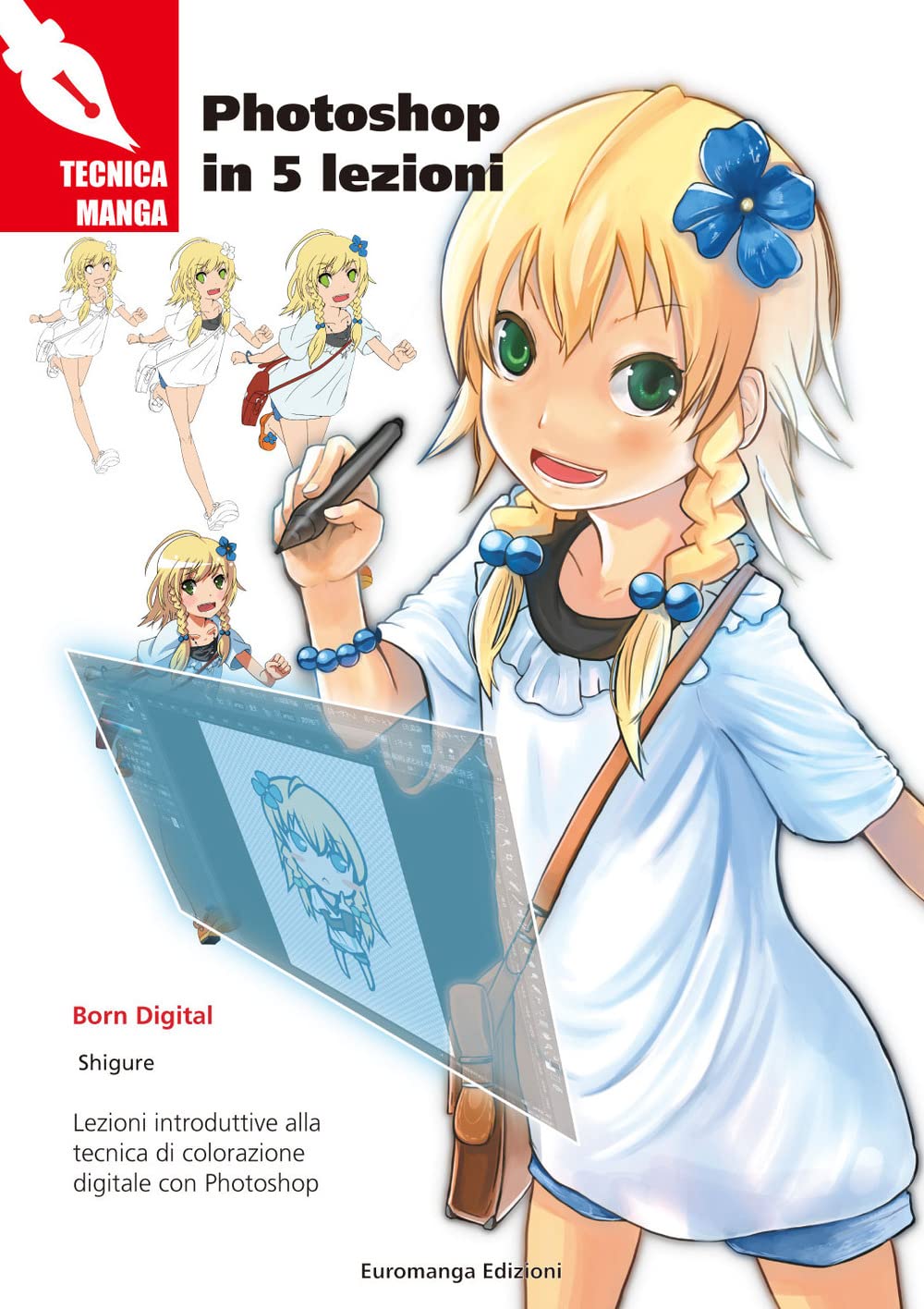 Copertina del libro Tecniche Manga Photoshop In 5 Lezioni, con esempi di colorazione digitale di personaggi in stile manga.