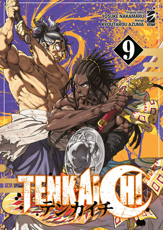 Copertina del manga Tenkaichi Vol. 9; illustrazione molto dinamica di due combattenti nel pieno di uno scontro. A sinistra, un uomo muscoloso a torso nudo con un'arma sollevata (Togo Shigekata); a destra, un guerriero con dreadlocks, tatuaggi e uno scudo rotondo decorato in posa difensiva (Yasuke). Lo sfondo è un mix di schizzi di colore arancione e viola.