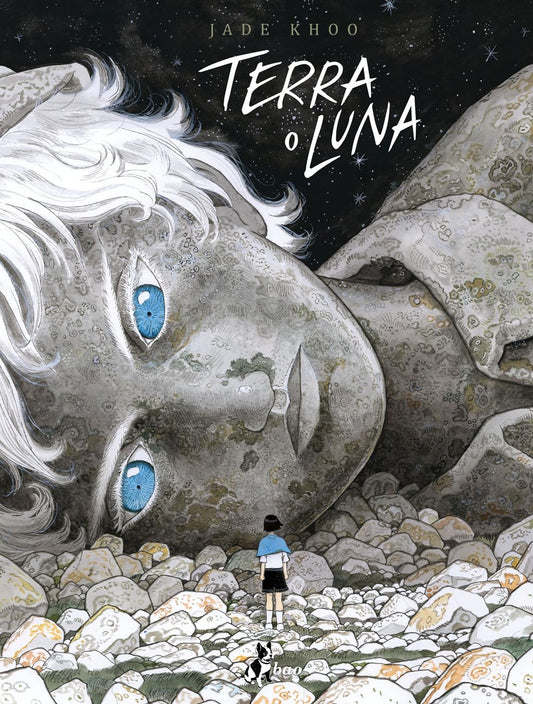 Copertina del graphic novel 'Terra e Luna Vol. 1' (BAO Publishing) con un imponente colosso di pietra giacente a terra e un personaggio in primo piano.   