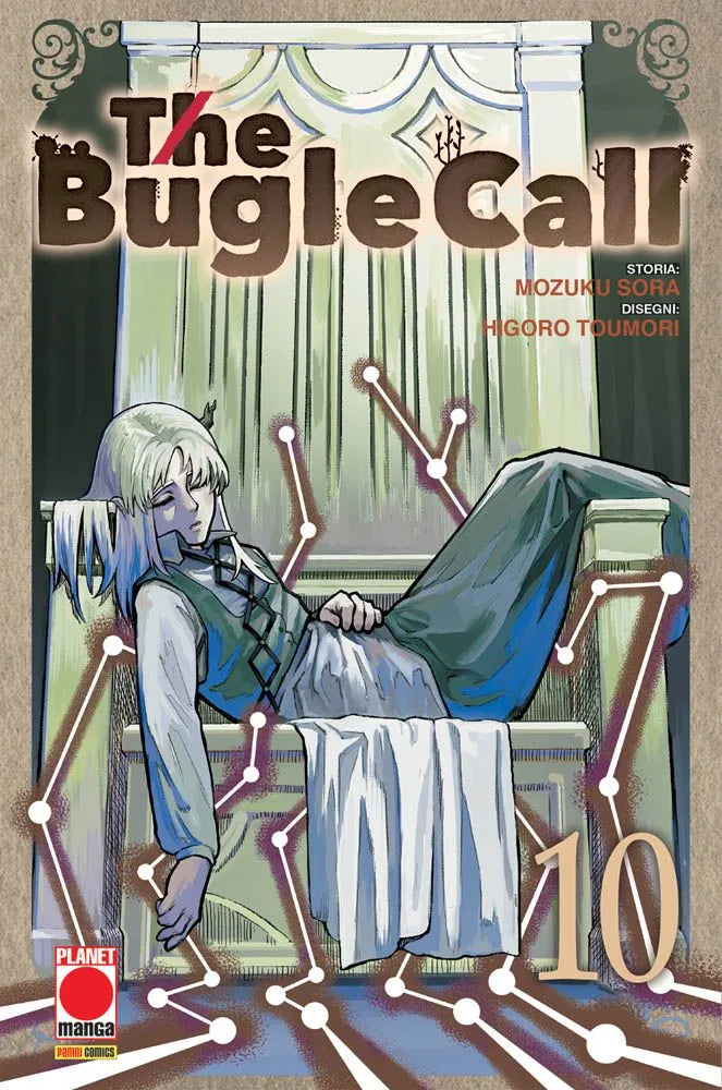 La copertina del volume 10 di The Bugle Call, che ritrae un personaggio con lunghi capelli chiari addormentato o esausto su un trono di legno, circondato da linee grafiche luminose che ricordano una mappa tattica o una costellazione.