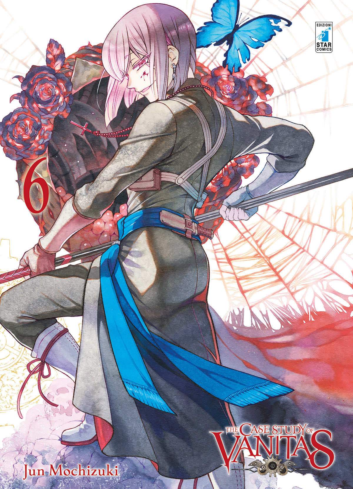 Copertina del sesto volume in italiano del manga 'The Case Study of Vanitas' di Jun Mochizuki, edito da Star Comics. L'illustrazione raffigura in primo piano il cacciatore Astolfo Granatum visto di spalle, con capelli corti rosa, sguardo tagliente e gocce di sangue sul viso, mentre impugna una grande lancia indossando una divisa scura con fascia azzurra in vita, su uno sfondo decorato con rose scure, una farfalla blu in alto a destra, il numero 6 in rosso a sinistra e il titolo THE CASE STUDY OF VANITAS.