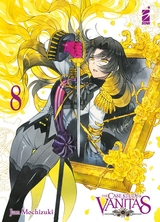 Copertina dell'ottavo volume in italiano del manga 'The Case Study of Vanitas' di Jun Mochizuki, edito da Star Comics. L'illustrazione raffinata raffigura Dominique de Sade vestita con un'elegante uniforme militare grigia e dorata mentre impugna una striscia con guanto magenta, incorniciata da una cornice dorata con rose gialle su uno sfondo cromatico brillante, con il numero 8 viola a sinistra e il titolo THE CASE STUDY OF VANITAS in basso.