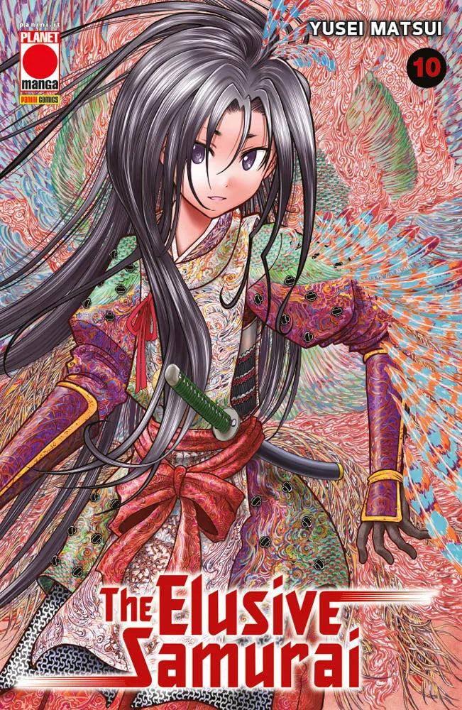Copertina de The Elusive Samurai Vol. 10 (Panini Planet Manga). Illustrazione vivace con Tokiyuki in primo piano che corre, circondato da guerrieri colorati e dinamici su uno sfondo giallo.