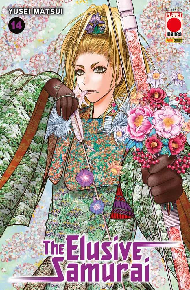 Copertina de The Elusive Samurai Vol. 14 (Panini Planet Manga). Un guerriero con lunghi capelli biondi e un kimono verde decorato tiene un arco e un mazzo di fiori rosa e rossi tra i petali che cadono.