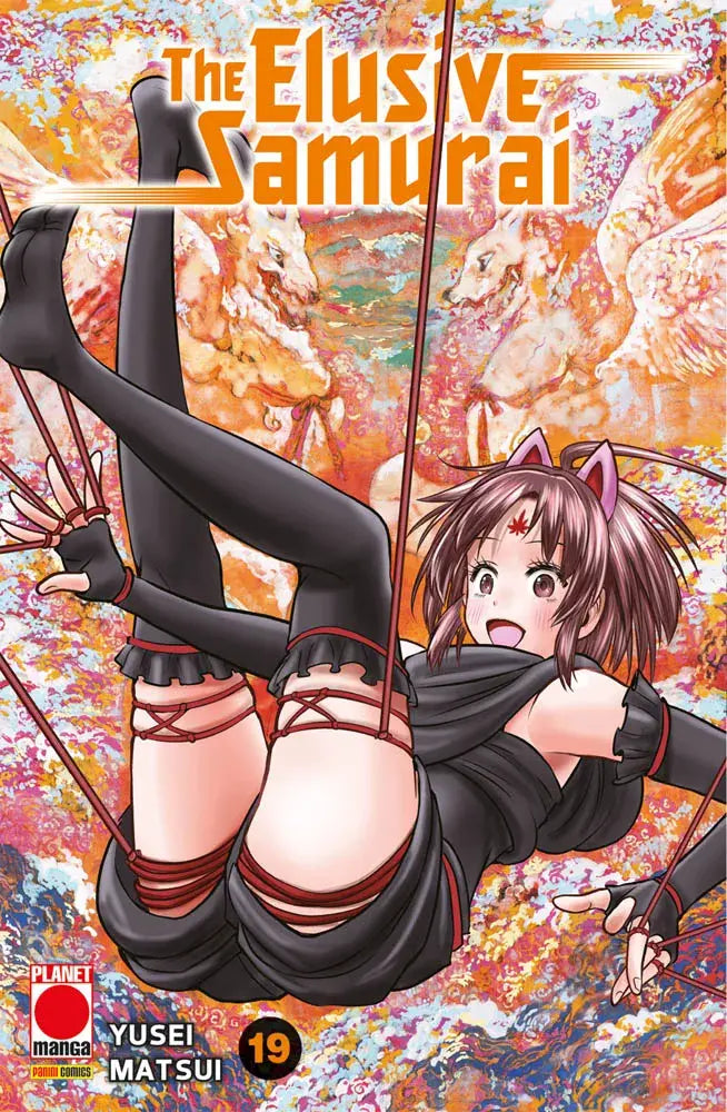 Copertina del manga The Elusive Samurai volume 19. Una ragazza con orecchie da gatto e abiti neri è sospesa tra corde rosse su uno sfondo astratto e colorato.