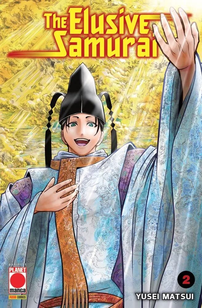 Copertina del manga The Elusive Samurai Vol. 2, edito da Panini Planet Manga. L'illustrazione mostra in primo piano un personaggio con vividi occhi verdi e un'espressione sorridente, quasi estatica. Indossa un tradizionale e alto copricapo nero e una lussuosa veste azzurra e bianca ricoperta di intricati ricami, arricchita da una lunga fascia dorata testurizzata. Il personaggio tiene una mano sul petto e alza l'altra verso il cielo in segno di saluto o rivelazione. Lo sfondo è un suggestivo paesaggio celest