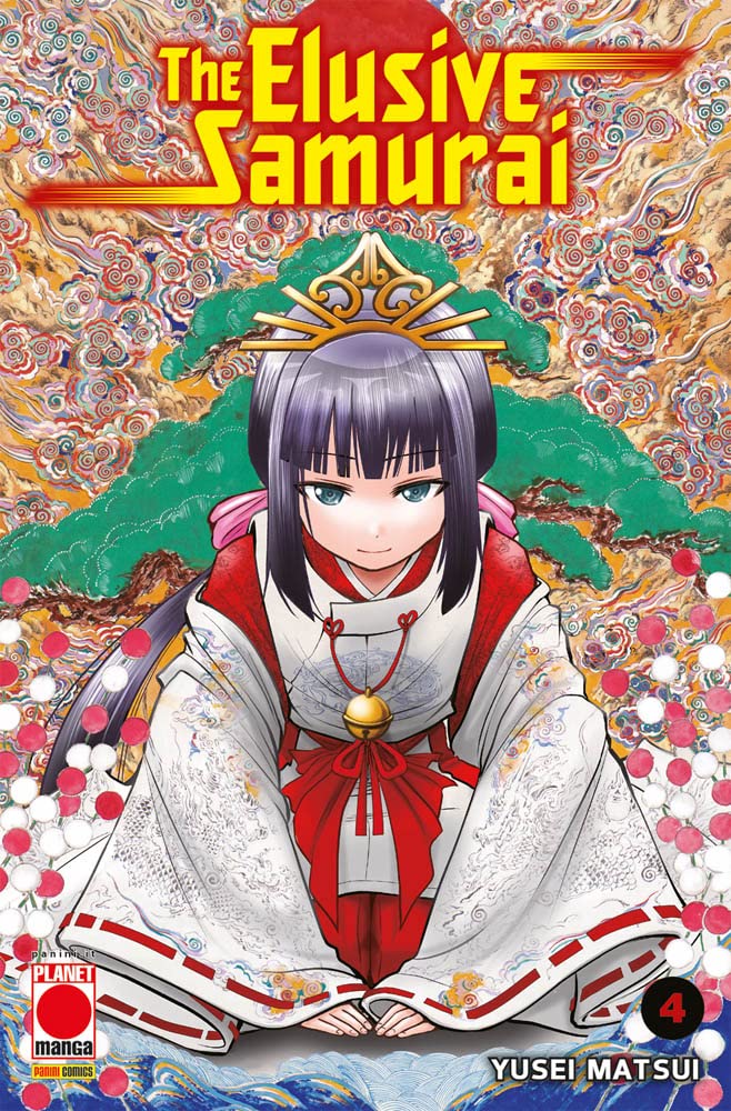 Copertina del manga The Elusive Samurai Vol. 4, edito da Panini Planet Manga. L'illustrazione mostra in primo piano un giovane personaggio inginocchiato in un rispettoso e formale inchino frontale, con un lieve e sereno sorriso. Ha lisci capelli scuri tagliati a caschetto e adornati da un elaborato fermaglio cerimoniale dorato sulla sommità del capo. Indossa un lussuoso abito tradizionale bianco riccamente decorato con tenui motivi floreali e scaglie, ampie maniche profilate di rosso, un vistoso fiocco ross