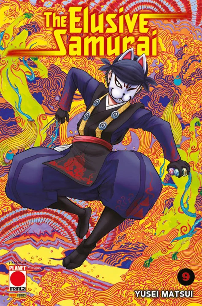 Copertina del manga The Elusive Samurai Vol. 9, edito da Panini Planet Manga. L'illustrazione mostra in primo piano un personaggio colto in una posa dinamica e acrobatica a mezz'aria. Il volto è celato da una tradizionale maschera da volpe (kitsune) bianca con dettagli rossi e indossa un abito scuro in stile ninja. L'abbigliamento comprende ampi pantaloni blu violaceo, una casacca incrociata scura con vistose rifiniture dorate a spirale e un panno nero con disegni rossi legato in vita. Con le mani guantate 