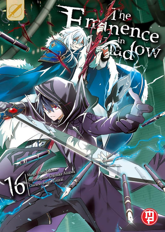 Copertina del sedicesimo volume del manga The Eminence in Shadow. In primo piano è raffigurato il protagonista in abiti scuri con cappuccio e occhi rossi, mentre brandisce una spada tra diverse penne stilografiche che fluttuano nell'aria. Dietro di lui compare un personaggio dai capelli bianchi con un costume blu e dettagli in pelliccia. In alto è presente il titolo dell'opera in bianco e in basso a sinistra spicca il numero 16.