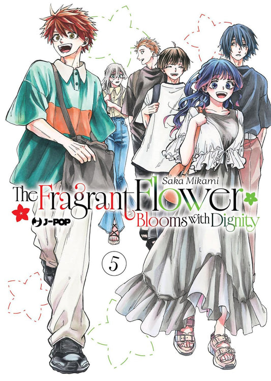 Copertina del manga The Fragrant Flower Blooms with Dignity Vol. 5; Rintaro e Kaoruko camminano sorridenti in primo piano insieme ai loro amici, indossando abiti casual ed estivi su uno sfondo bianco decorato con fiori stilizzati.