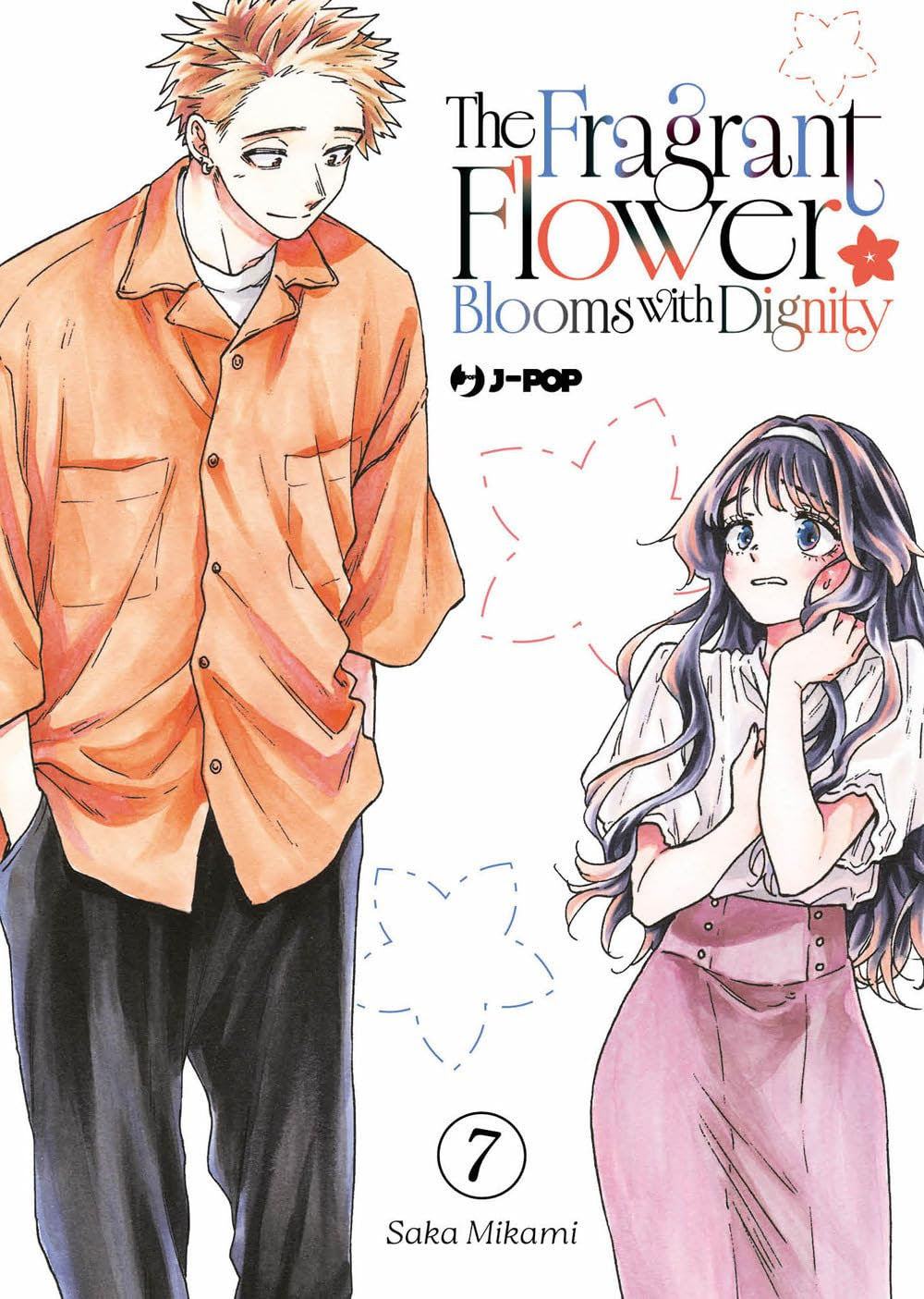 Copertina del manga "The Fragrant Flower Blooms with Dignity Vol. 7" edito da J-POP Manga. Rintaro, un ragazzo alto con i capelli biondi e una camicia arancione, guarda timidamente verso il basso Kaoruko.