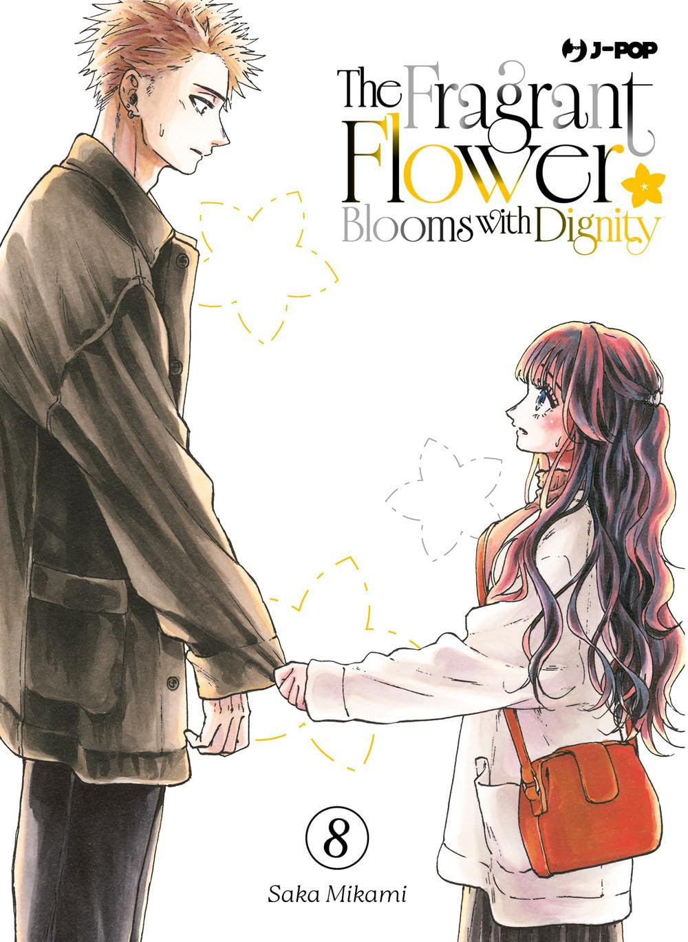 Copertina del manga The Fragrant Flower Blooms with Dignity vol. 8. Rintaro e Kaoruko si tengono per mano guardandosi negli occhi su uno sfondo bianco.