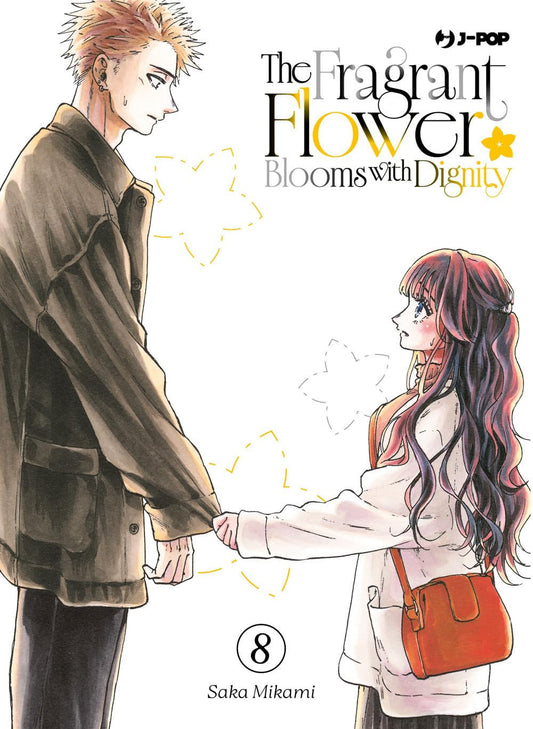 Copertina del manga The Fragrant Flower Blooms with Dignity vol. 8. Rintaro e Kaoruko si tengono per mano guardandosi negli occhi su uno sfondo bianco.