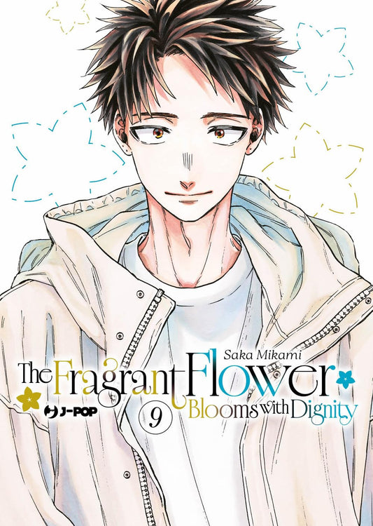 Copertina del manga The Fragrant Flower Blooms with Dignity 9. Illustrazione di Rintaro sorridente, con indosso una felpa chiara aperta, su uno sfondo bianco con fiori stilizzati.