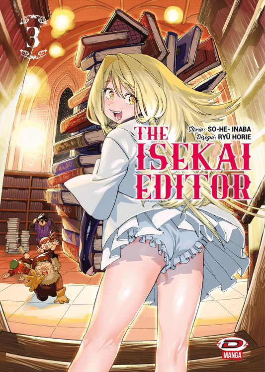 Copertina del manga The Isekai Editor volume 3. In primo piano una ragazza dai lunghi capelli biondi e un abito bianco si volta sorridendo mentre trasporta una gigantesca e instabile pila di libri, sullo sfondo di una grande biblioteca in stile fantasy.