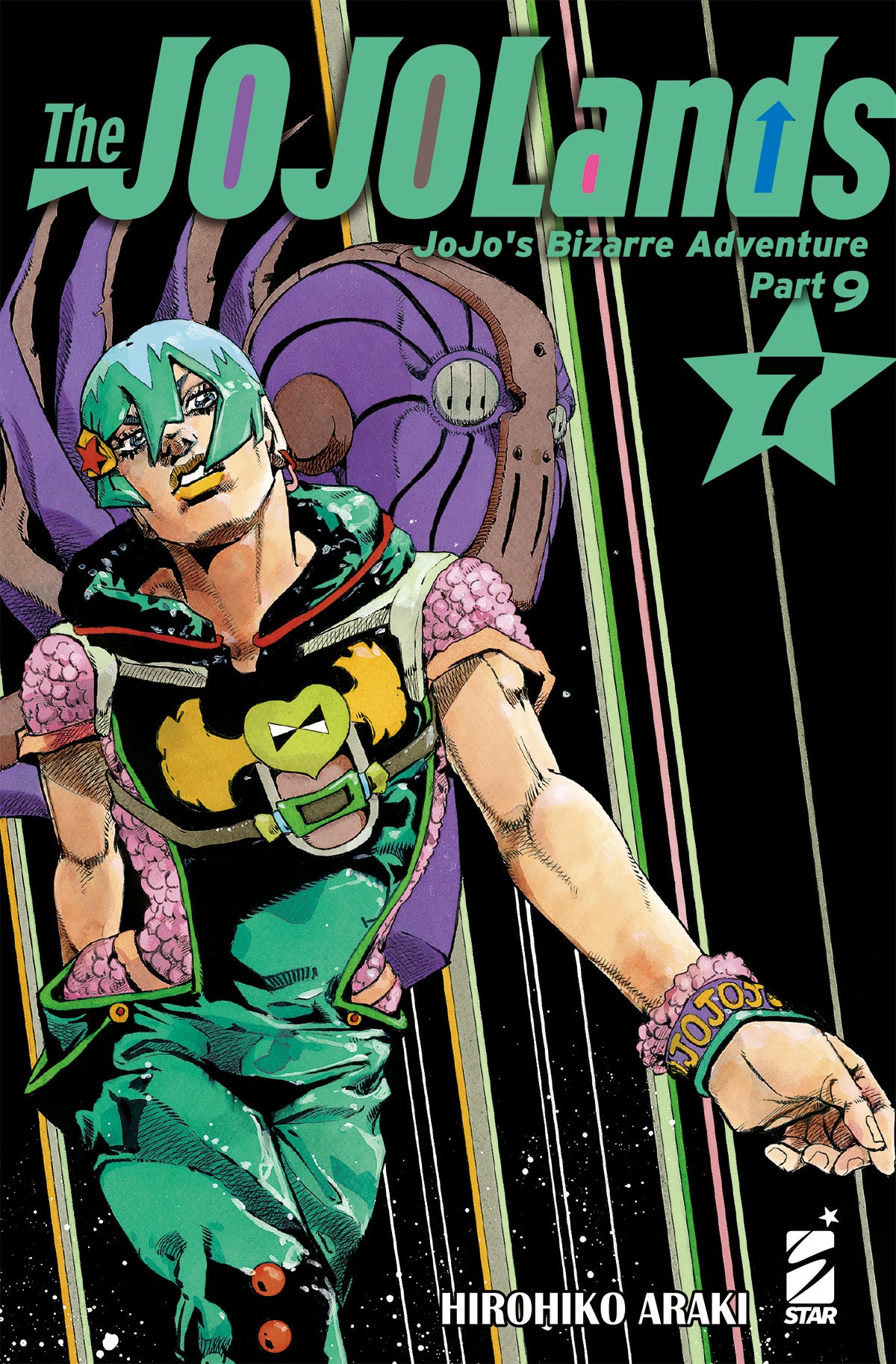 Copertina del settimo volume del manga The JOJOLands. In primo piano spicca il protagonista Jodio Joestar in una delle sue caratteristiche pose, con capelli azzurro-verdi, abiti verdi e dettagli rosa. Alle sue spalle compare una figura robotica viola, mentre lo sfondo nero è decorato da linee verticali colorate. In alto campeggia il titolo del manga in lettere verdi e sulla destra c'è una stella con il numero 7.