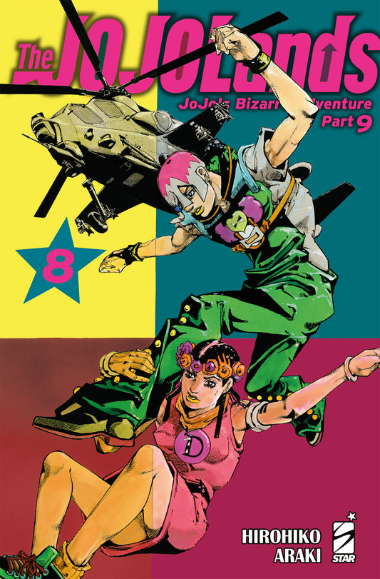 Copertina di The JOJOLands Vol. 8 di Hirohiko Araki edito da Star Comics raffigurante Usagi e Dragona Joestar sotto un elicottero militare.   