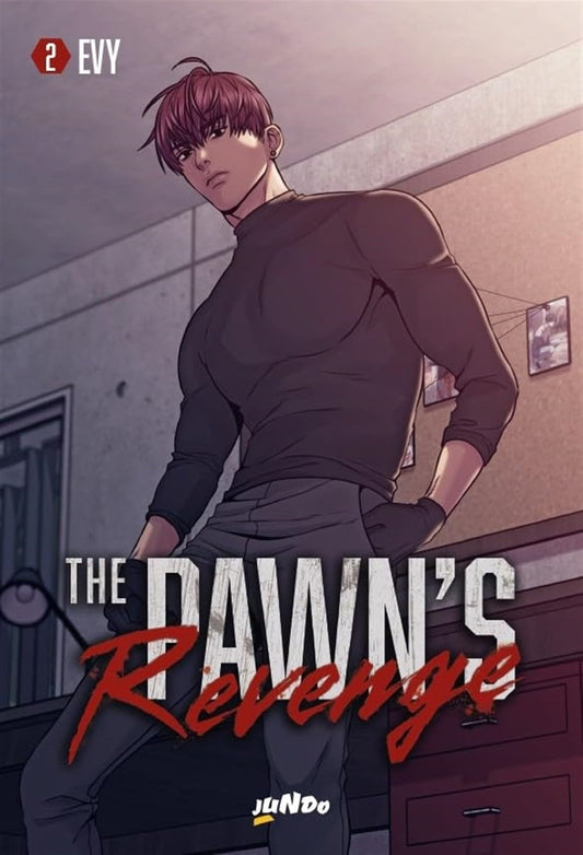 Copertina del manhwa The Pawn's Revenge volume 2. Un giovane uomo dall'espressione determinata e i capelli sfumati di rosso posa in una stanza scura indossando una maglia aderente nera a maniche lunghe e pantaloni grigi.