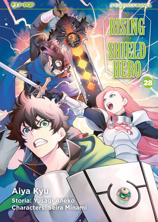 Copertina del manga The Rising of the Shield Hero volume 28. L'illustrazione dinamica e ricca d'azione mostra in primo piano Naofumi, l'Eroe dello Scudo, con un'espressione feroce e determinata. Al suo fianco, una ragazza cavaliere dai lunghi capelli rosa (Eclair) urla in battaglia sguainando la spada. In alto, un misterioso e minaccioso nemico mascherato cala un possente spadone dall'aspetto tecnologico e infuocato, circondato da scariche elettriche su uno sfondo di cielo tempestoso.