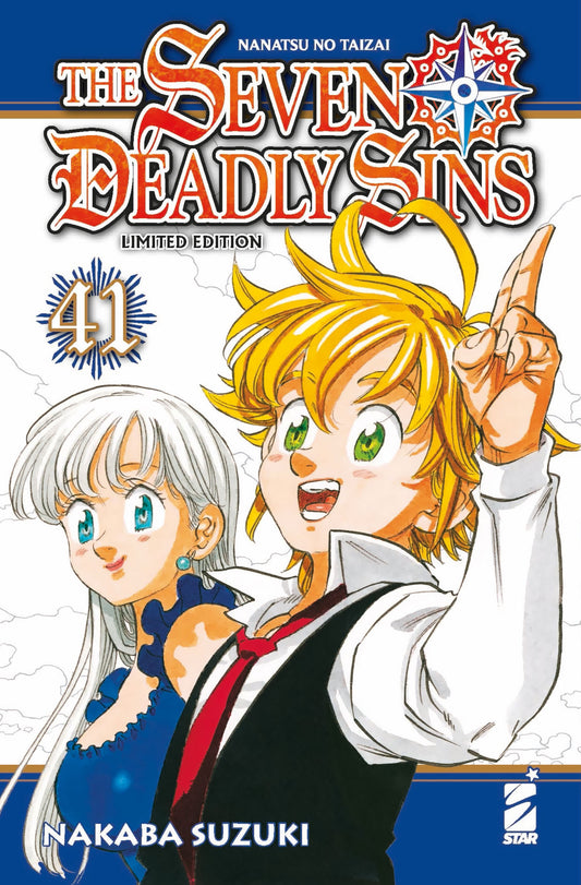Copertina del quarantunesimo e ultimo volume in versione Limited Edition del manga 'The Seven Deadly Sins' di Nakaba Suzuki, edito da Star Comics. L'illustrazione ritrae in primo piano Meliodas sorridente con capelli biondi e dito indice puntato verso l'alto, affiancato da Elizabeth con capelli d'argento e abito blu, sotto il titolo principale della serie con l'indicazione 'Limited Edition' e il numero 41.