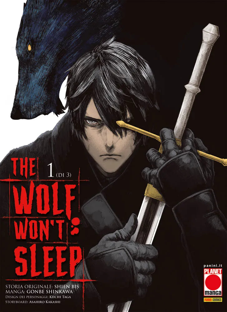 Copertina del primo volume del manga 'The Wolf Won't Sleep' di Shien Bis e Gonbe Shinkawa, edito da Planet Manga. L'illustrazione ritrae un cupo guerriero con lo sguardo inteso che impugna una spada, sormontato dall'ombra di un lupo nero dagli occhi dorati.