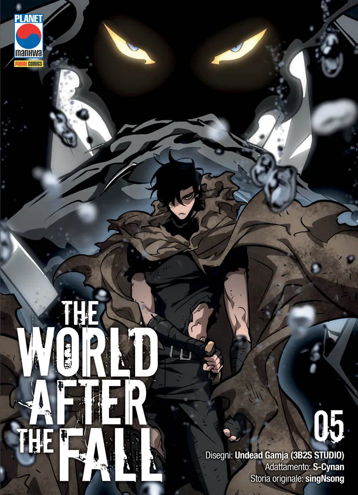Copertina del quinto volume del manhwa 'The World After The Fall' di singNsong e Undead Gamja (3B2S STUDIO), edito da Panini Planet Manga (Planet Manhwa). L'illustrazione ritrae in primo piano il protagonista Jaehwan con mantello marrone stracciato e sguardo determinato, sovrastato da un'enorme silhouette oscura con occhi gialli brillanti e minacciosi sullo sfondo, affiancata dal titolo 'THE WORLD AFTER THE FALL 05', dai crediti degli autori in basso a destra e dal logo Planet Manhwa in alto a sinistra.   