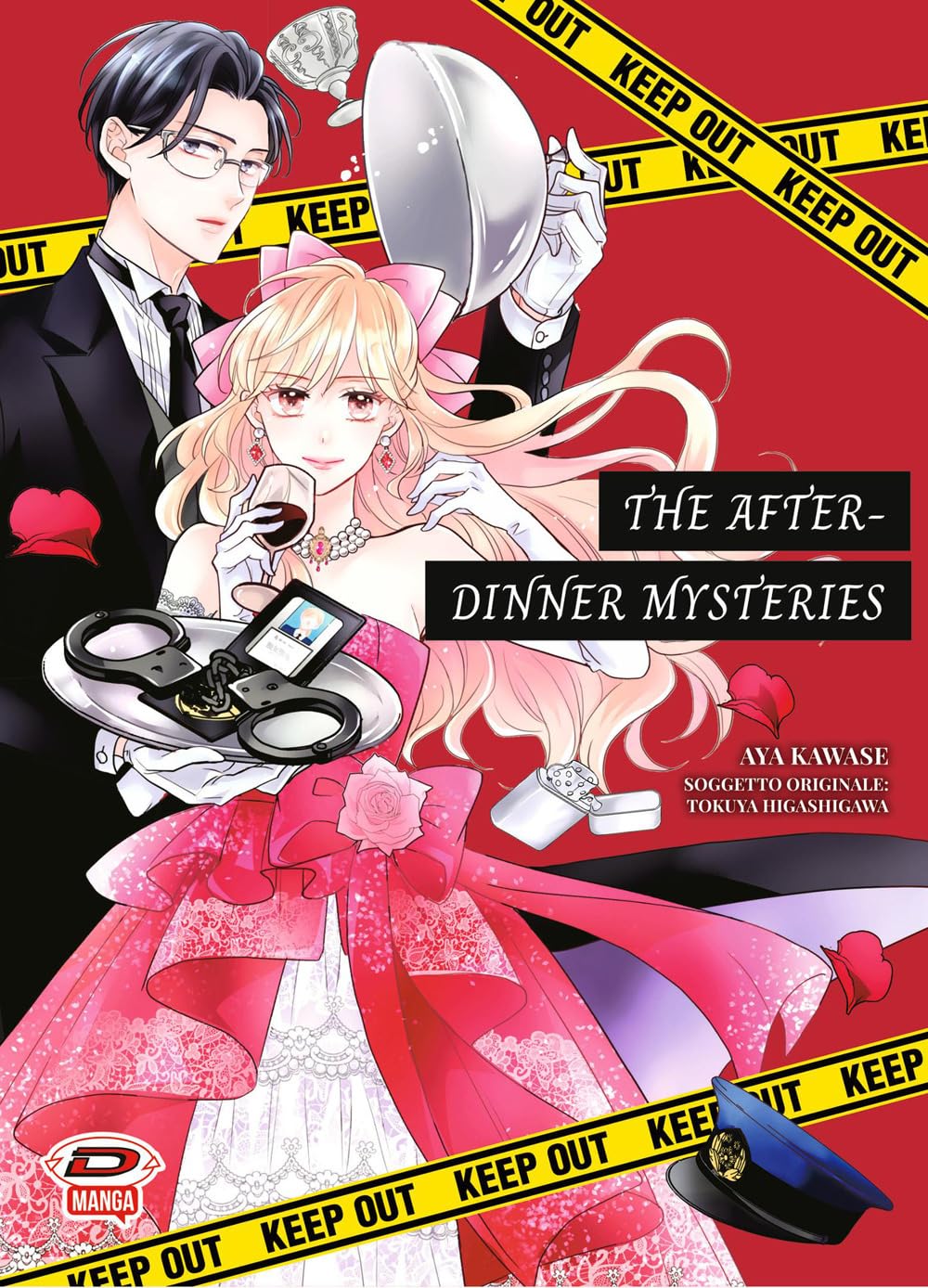 Copertina e retro del manga The After-Dinner Mysteries. Sulla copertina, la ricca Reiko in abito da sera rosa è servita dal suo elegante maggiordomo Kageyama. Sul retro, nastro segnaletico giallo, un gatto nero e indizi su sfondo rosso.