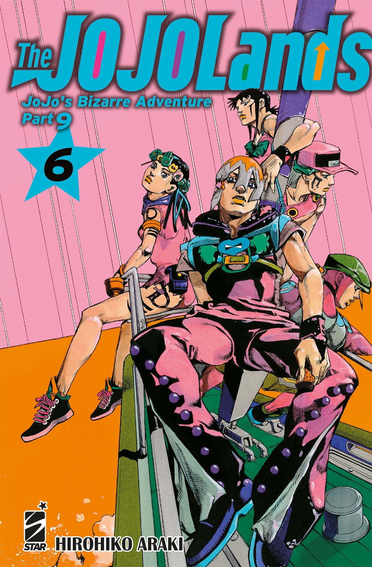 Copertina del manga The JOJOLands volume 6. L'illustrazione, caratterizzata dai tipici colori accesi e dallo stile inconfondibile di Hirohiko Araki, mostra Jodio Joestar in primo piano seduto con un abbigliamento eccentrico rosa e azzurro, circondato dagli altri membri della sua squadra. Lo sfondo è dominato da vivaci tonalità di rosa e arancione. In alto spicca il logo azzurro del titolo con la dicitura "JoJo's Bizarre Adventure Part 9", accompagnato da una grande stella azzurra contenente il numero 6.