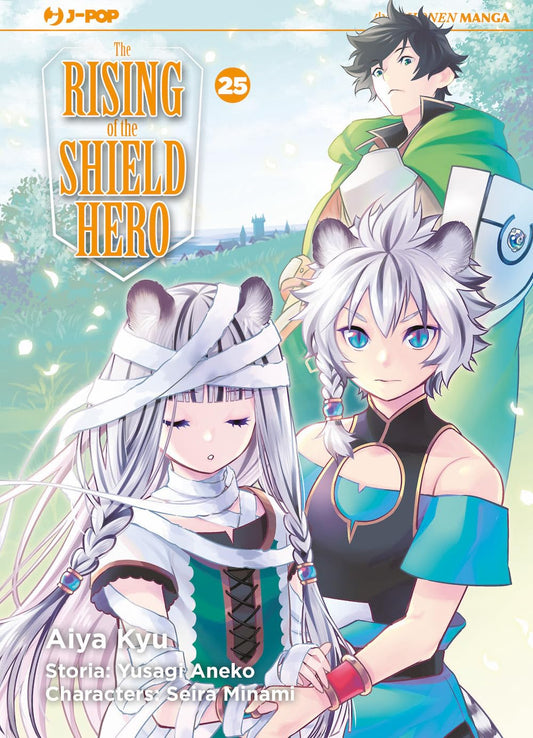 Copertina del manga The Rising of the Shield Hero volume 25. In primo piano, due giovani semiumani dai tratti felini si tengono per mano: una fanciulla con lunghe bende bianche che le avvolgono gli occhi e la testa, e un ragazzo dai corti capelli argentati e intensi occhi azzurri. Sullo sfondo, il protagonista Naofumi, con il suo iconico scudo e un mantello verde, osserva la scena immerso in un luminoso paesaggio erboso con un castello in lontananza. Il titolo del manga spicca in alto a sinistra.